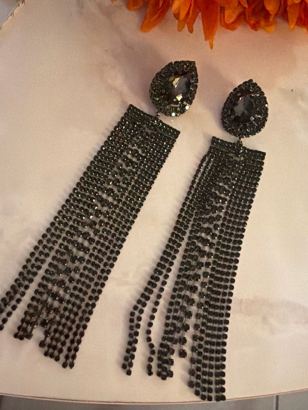 Black Crystal Teardrop Tassel Earrings — Statement Fringe Drop